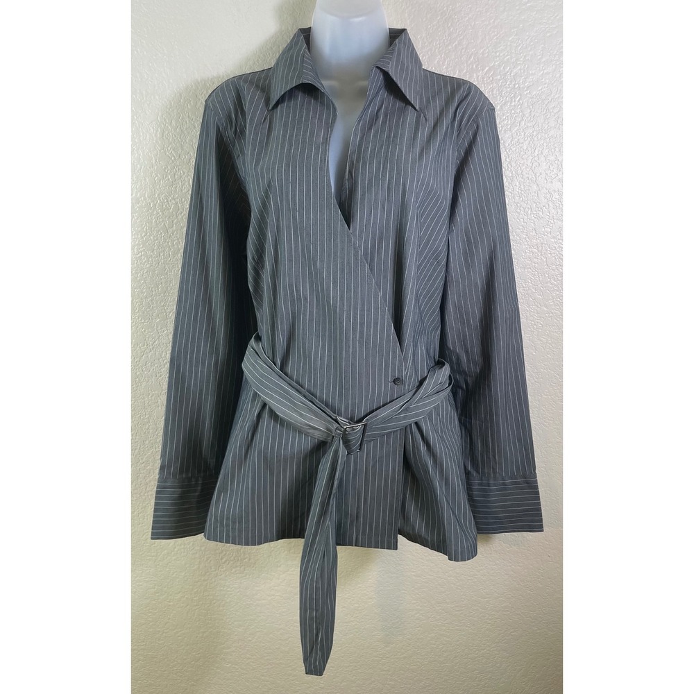Talbots Womens 16 Wrap Blouse Gray Pinstripe Belted Long Sleeve Cotton Blend